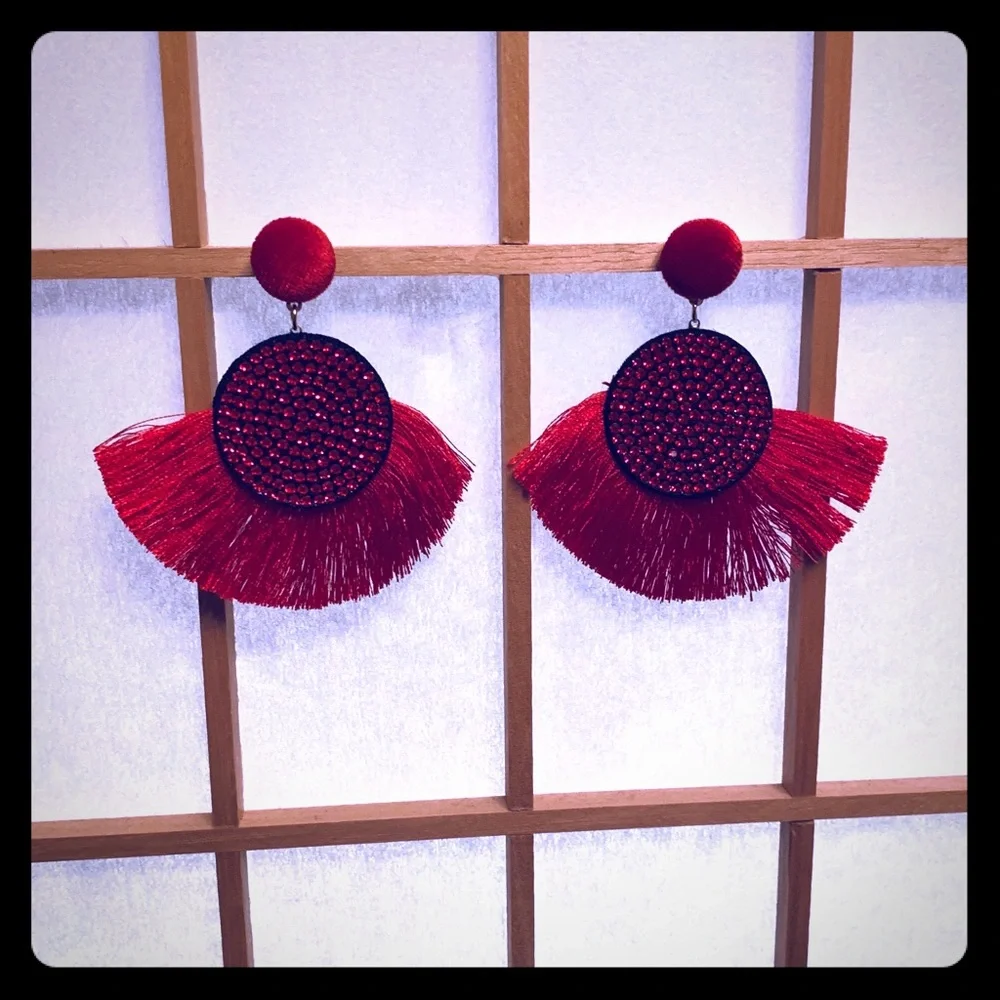 RED TASSEL FRINGE EARRINGS - Picture 8 of 8